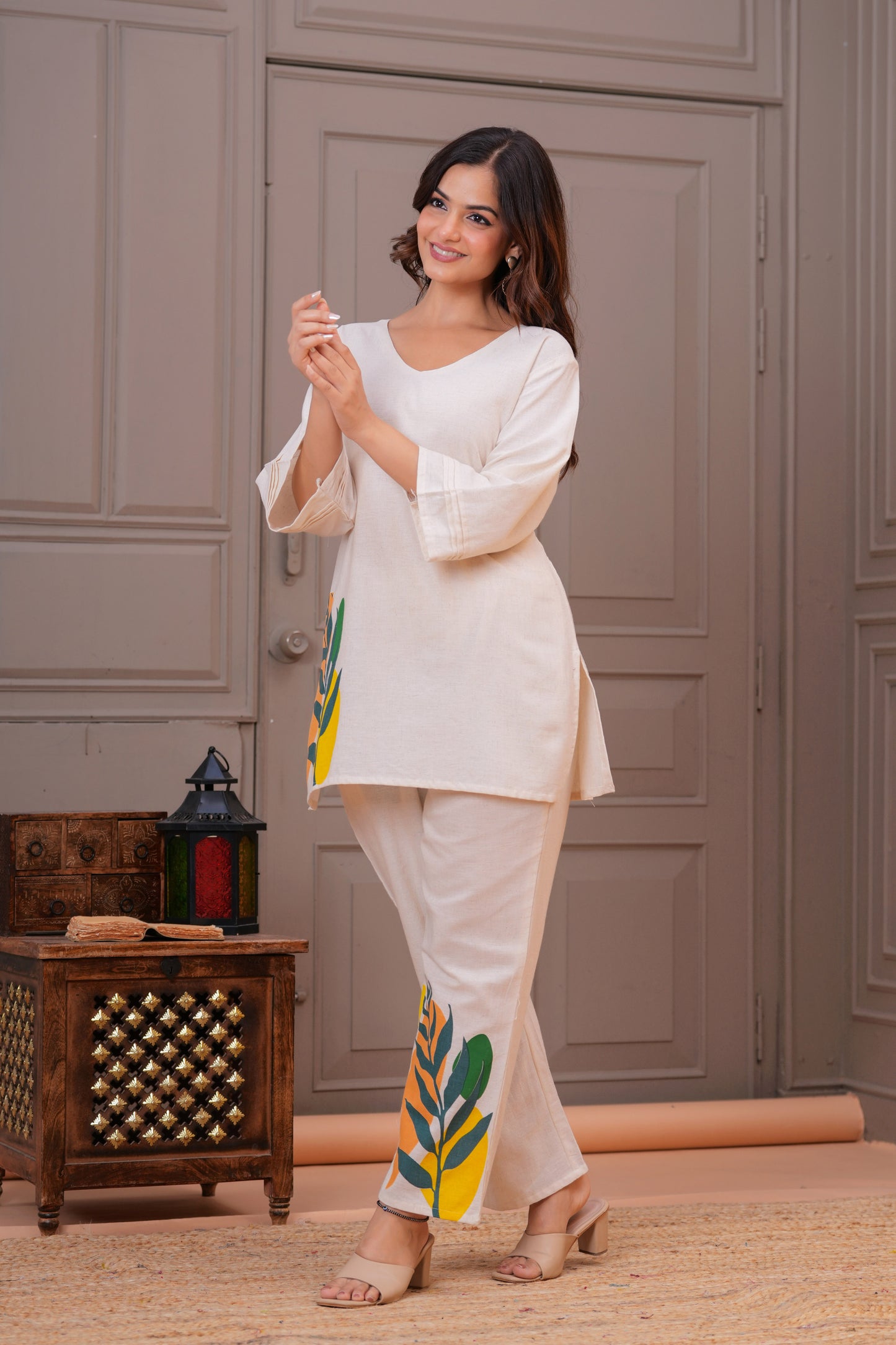 Off White Printed Cotton Flex Co-Ord Set