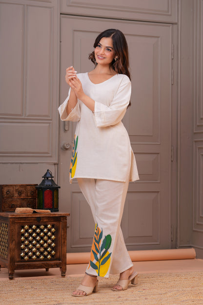 Off White Printed Cotton Flex Co-Ord Set