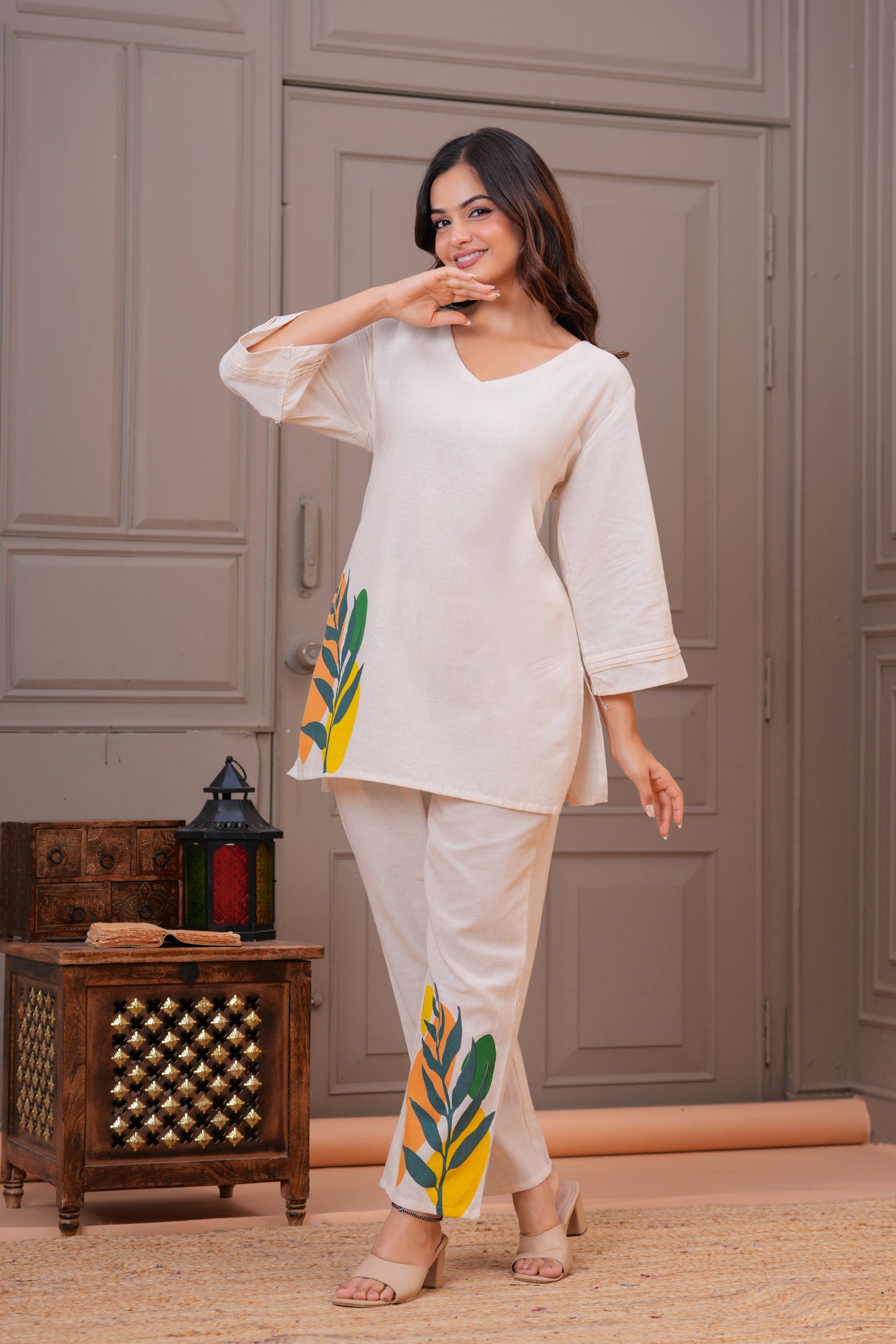 Off White Printed Cotton Flex Co-Ord Set