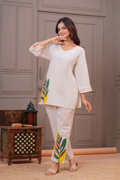 Off White Printed Cotton Flex Co-Ord Set