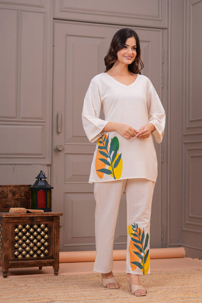 Off White Printed Cotton Flex Co-Ord Set