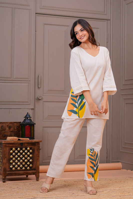 Off White Printed Cotton Flex Co-Ord Set