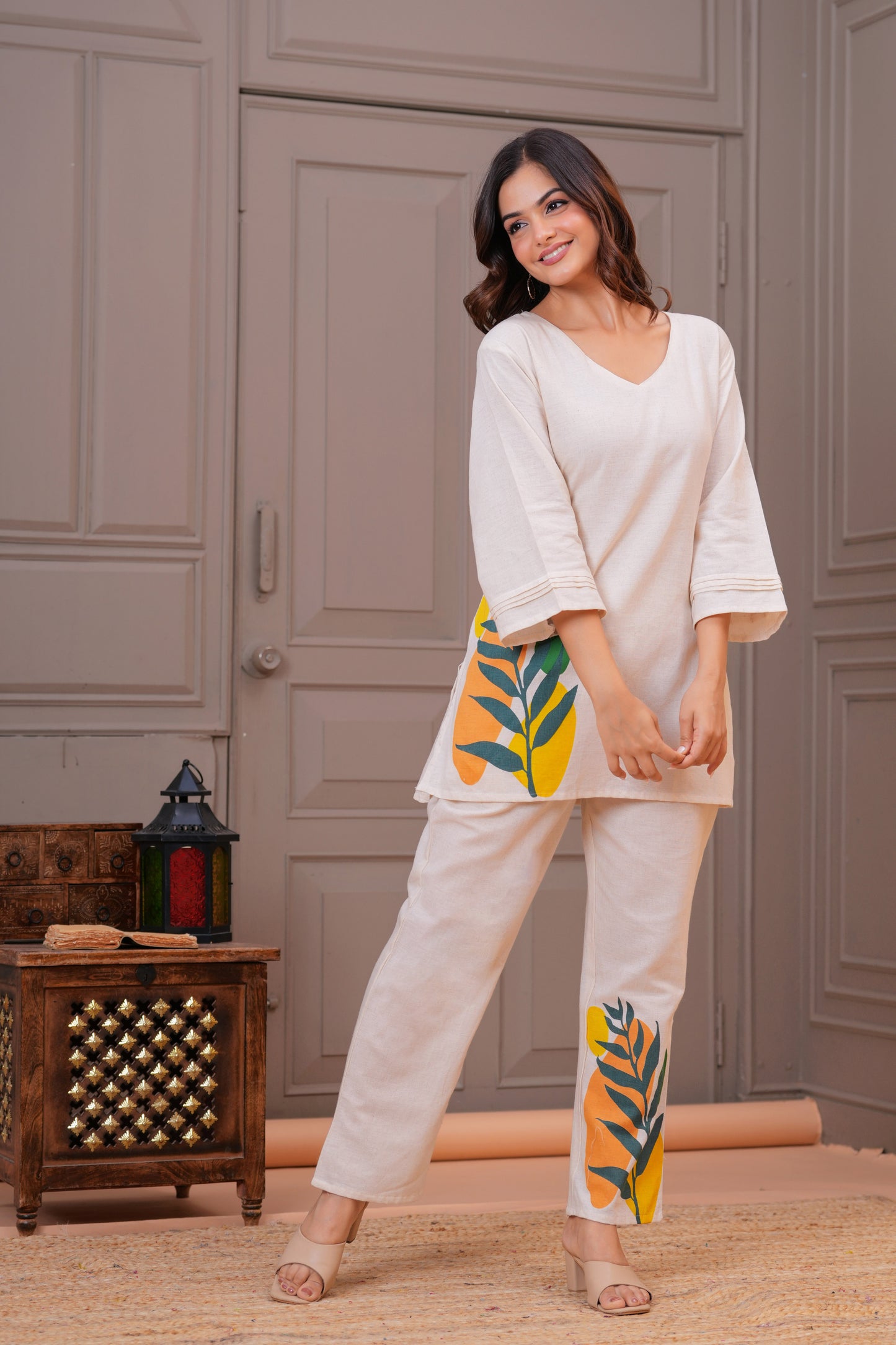 Off White Printed Cotton Flex Co-Ord Set