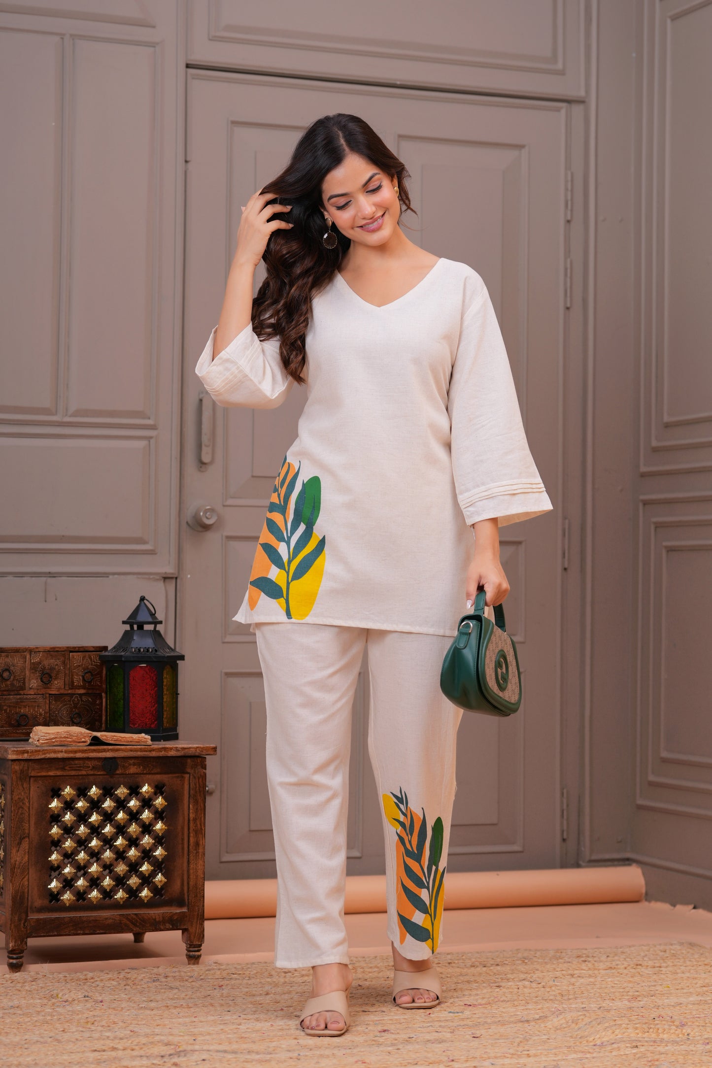 Off White Printed Cotton Flex Co-Ord Set