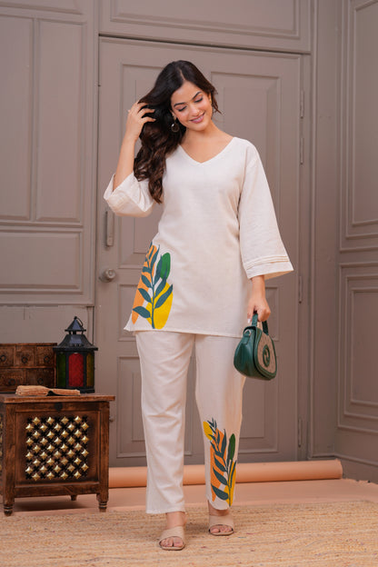 Off White Printed Cotton Flex Co-Ord Set