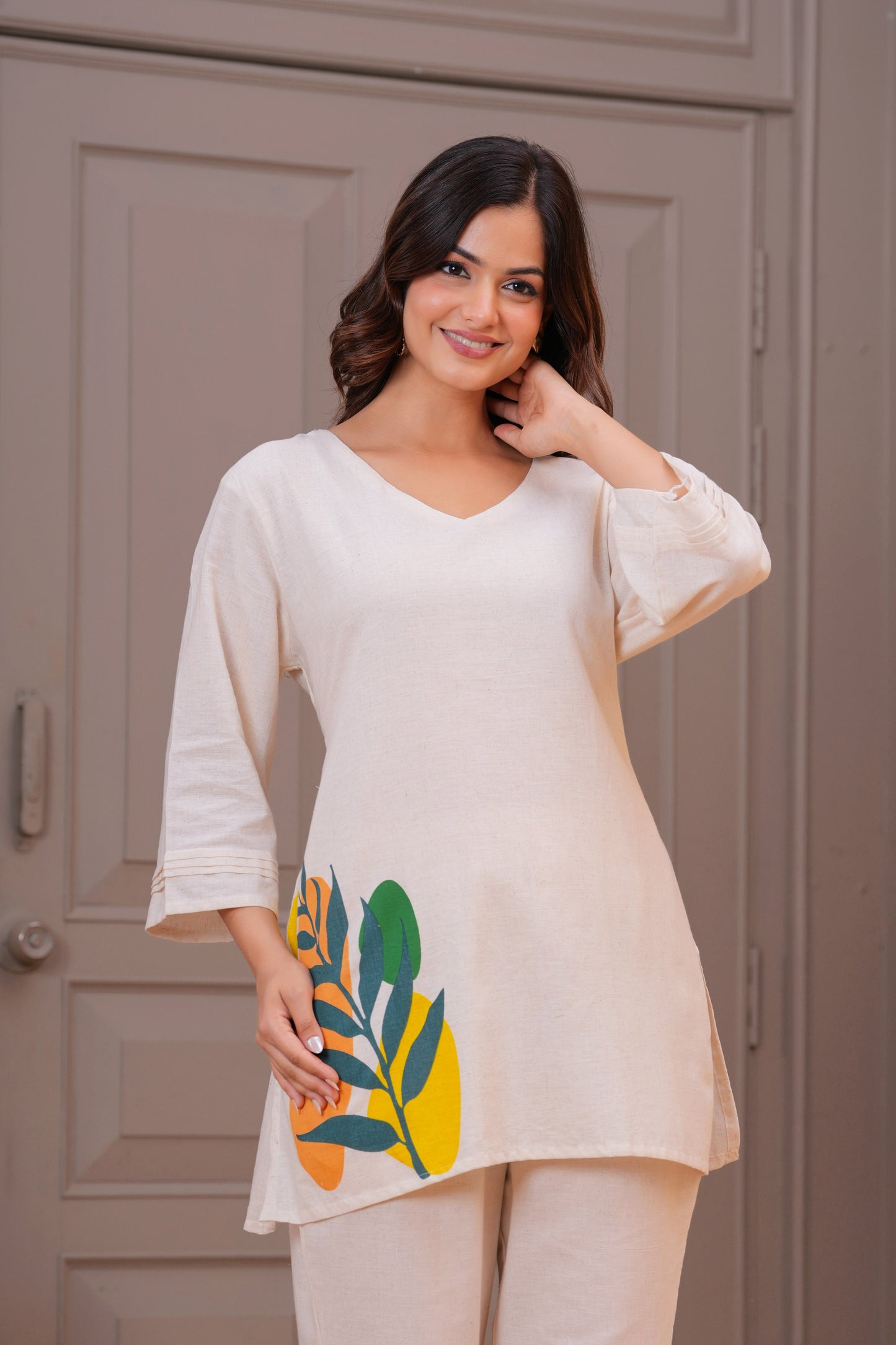 Off White Printed Cotton Flex Co-Ord Set