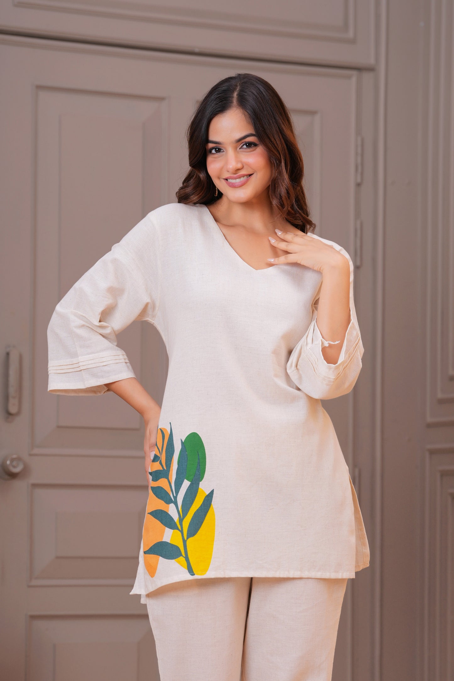 Off White Printed Cotton Flex Co-Ord Set