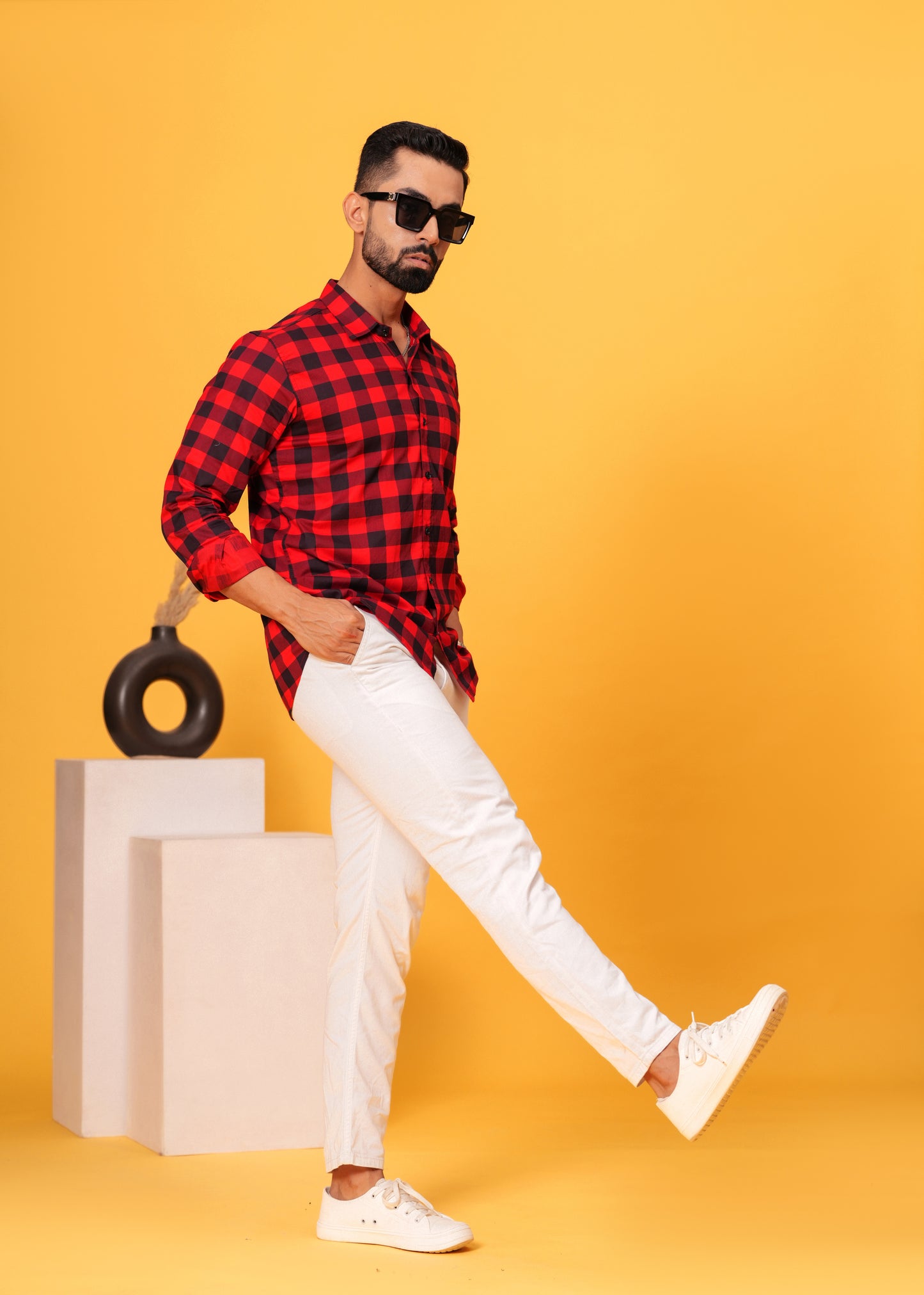 Red Black Checks Cotton Shirt
