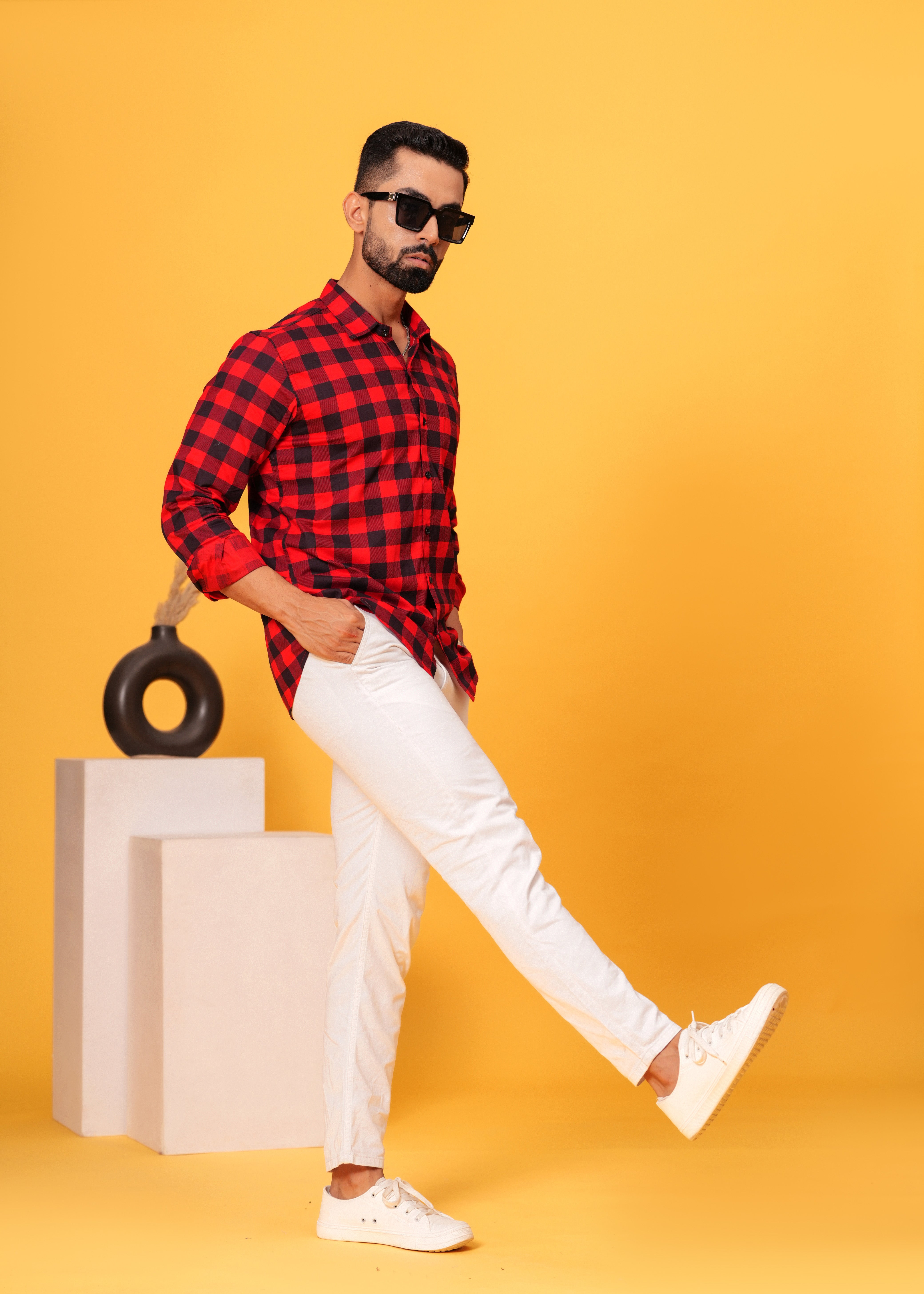 Red Black Checks Cotton Shirt