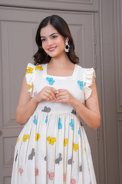White Butterfly Printed Rayon Anarkali Gown