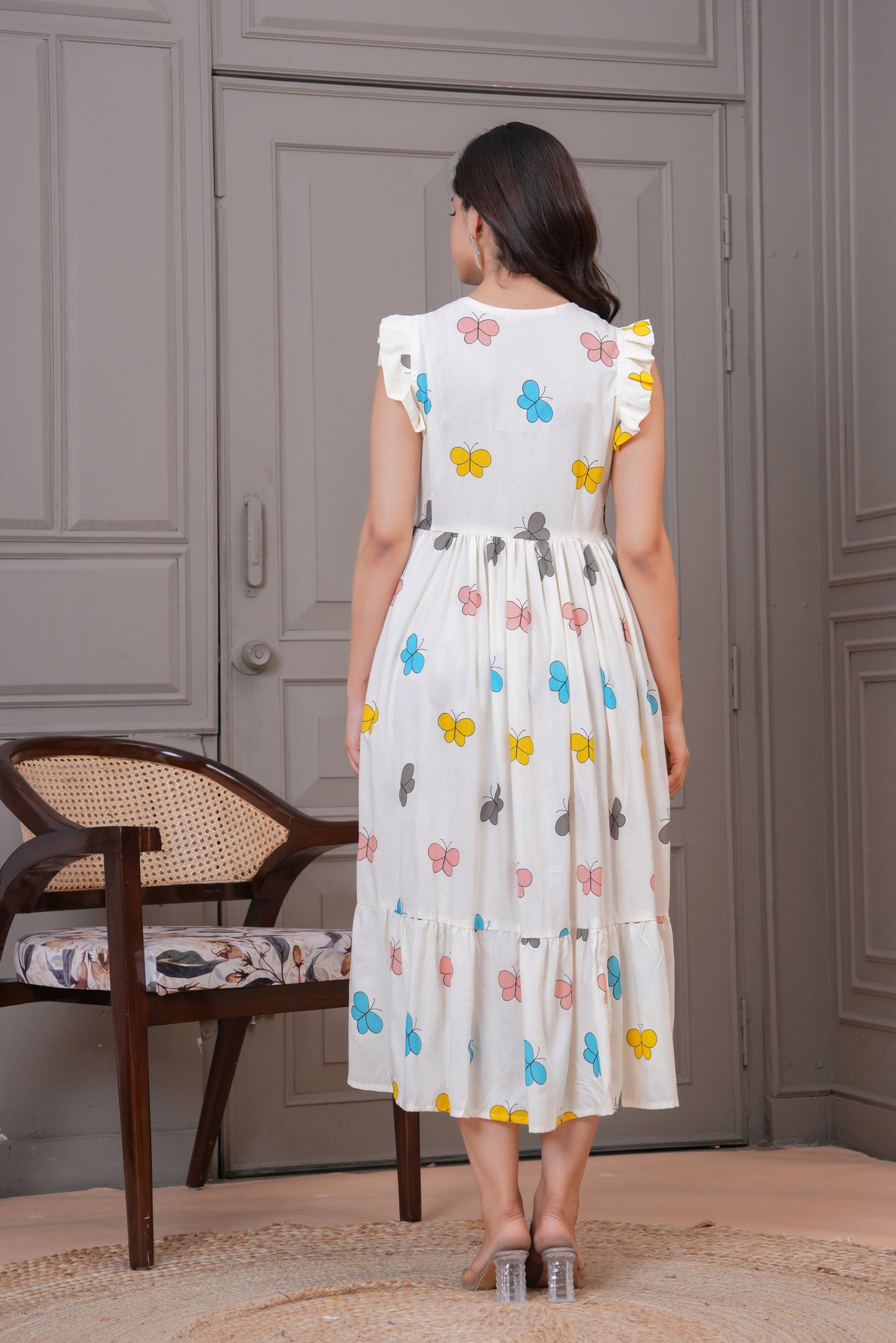White Butterfly Printed Rayon Anarkali Gown