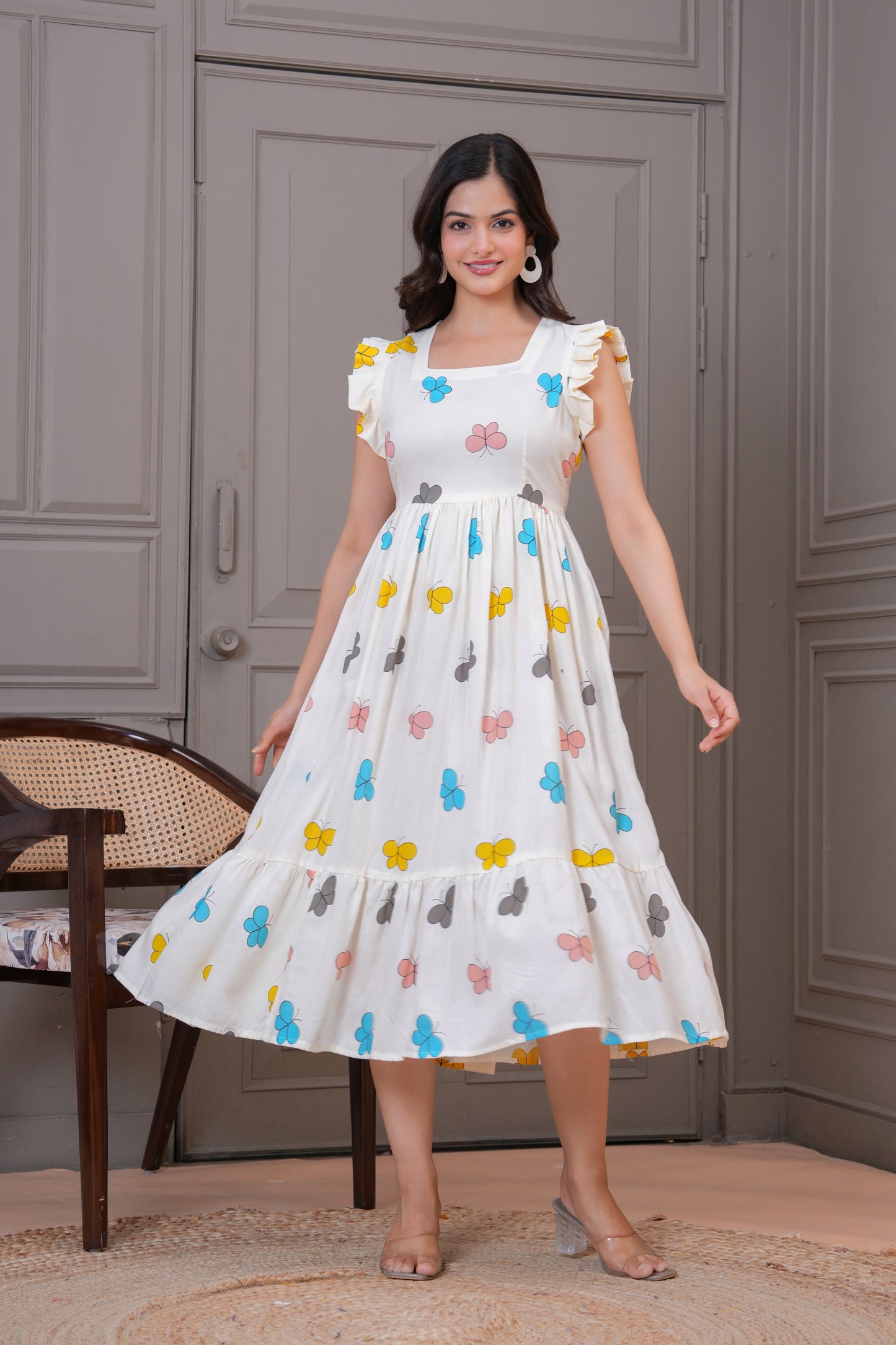White Butterfly Printed Rayon Anarkali Gown