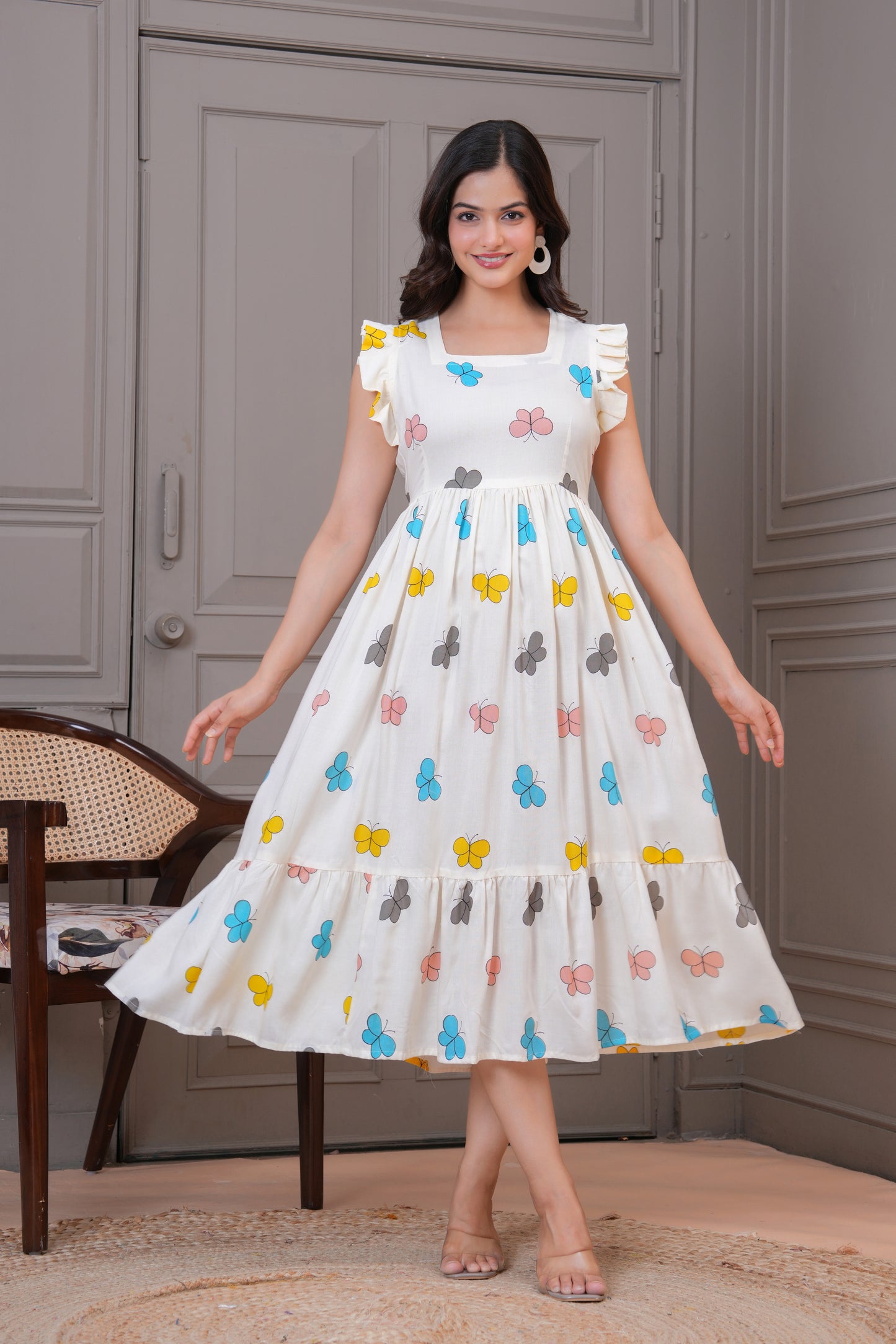 White Butterfly Printed Rayon Anarkali Gown