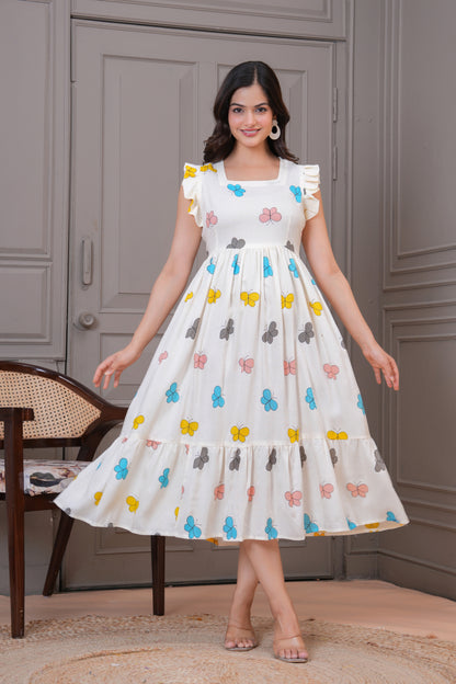White Butterfly Printed Rayon Anarkali Gown