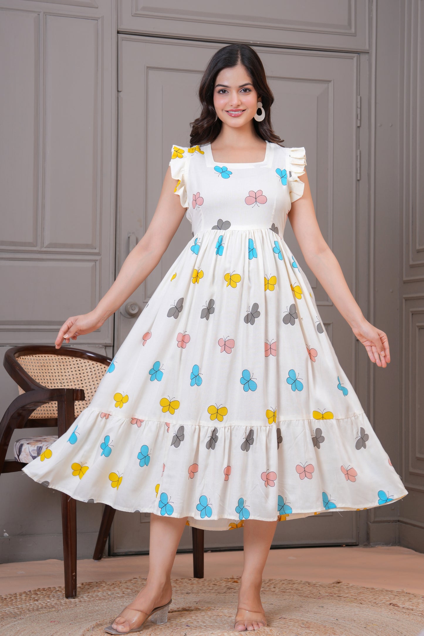 White Butterfly Printed Rayon Anarkali Gown