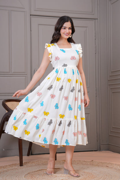 White Butterfly Printed Rayon Anarkali Gown
