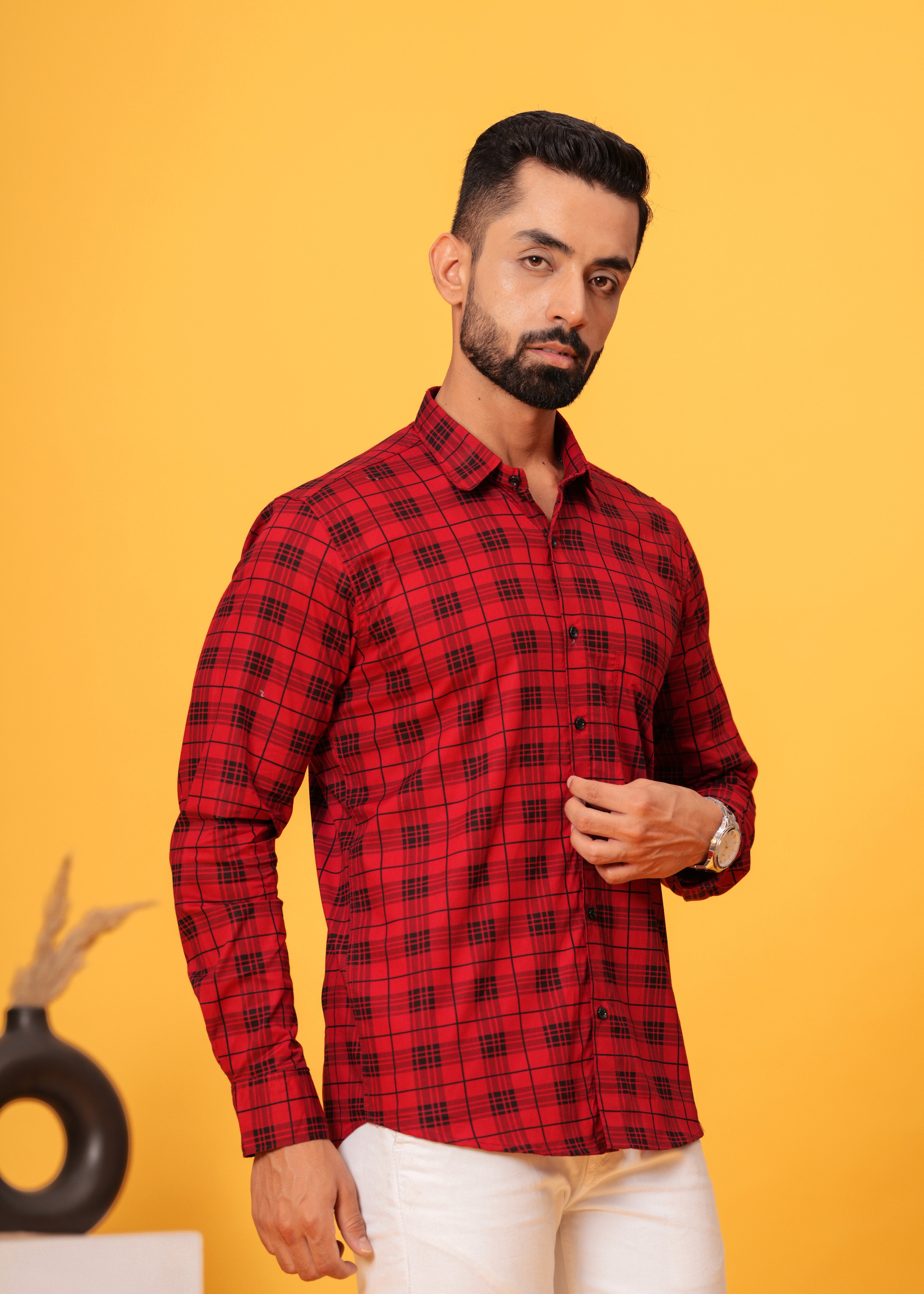 Red Black Checks Cotton Shirt