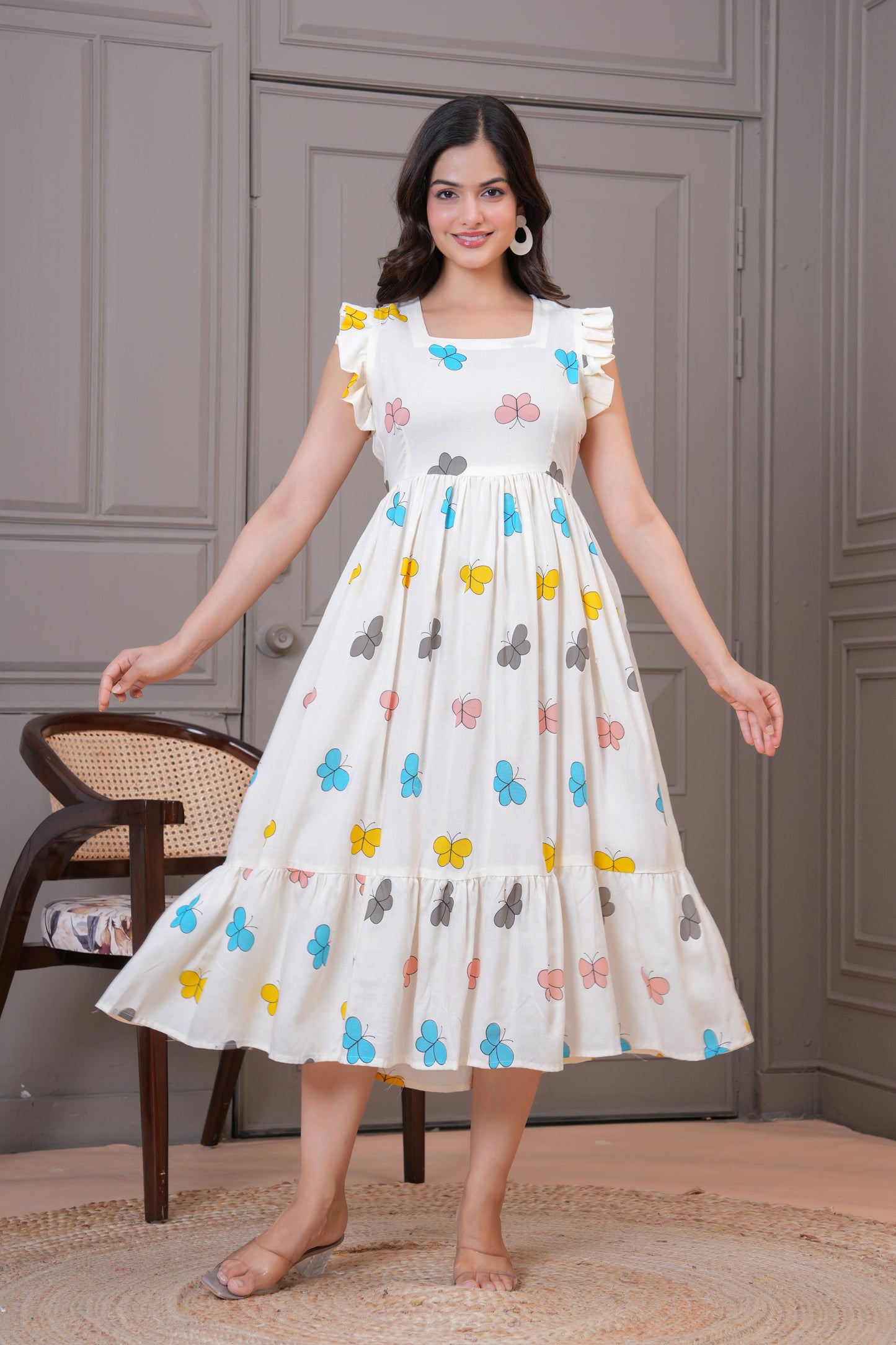 White Butterfly Printed Rayon Anarkali Gown