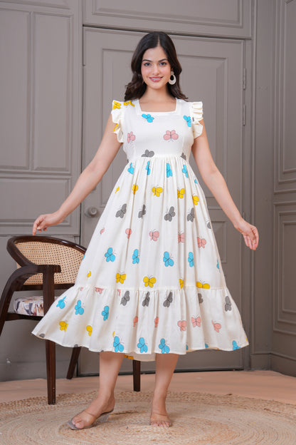 White Butterfly Printed Rayon Anarkali Gown