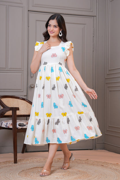 White Butterfly Printed Rayon Anarkali Gown