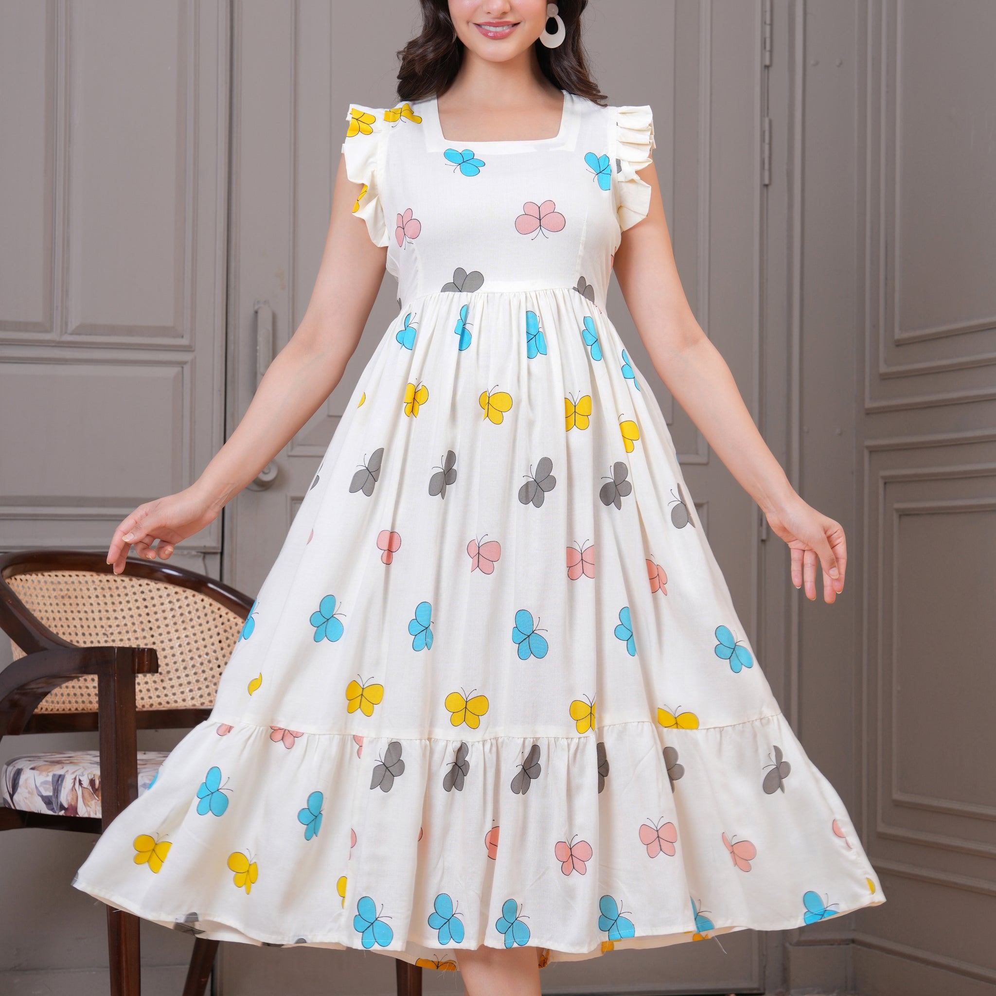 White Butterfly Printed Rayon Anarkali Gown