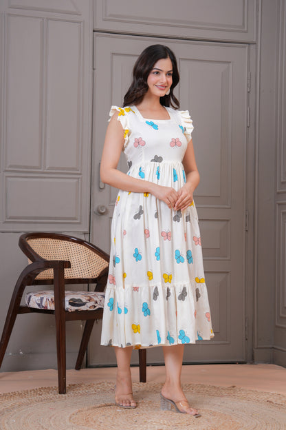 White Butterfly Printed Rayon Anarkali Gown