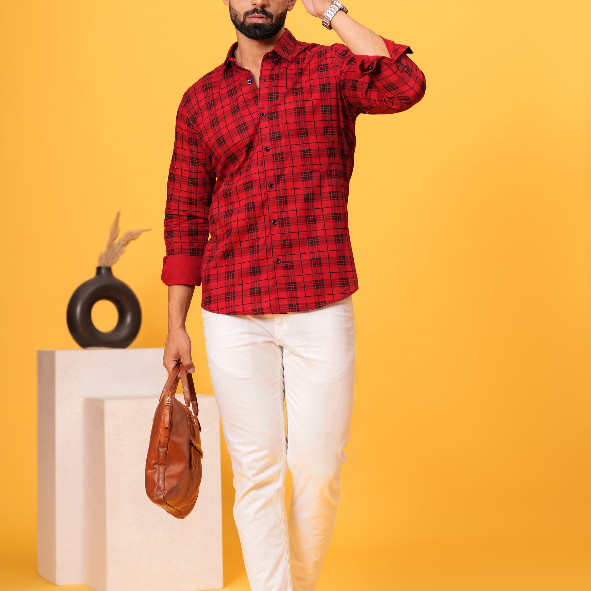 Red Black Checks Cotton Shirt