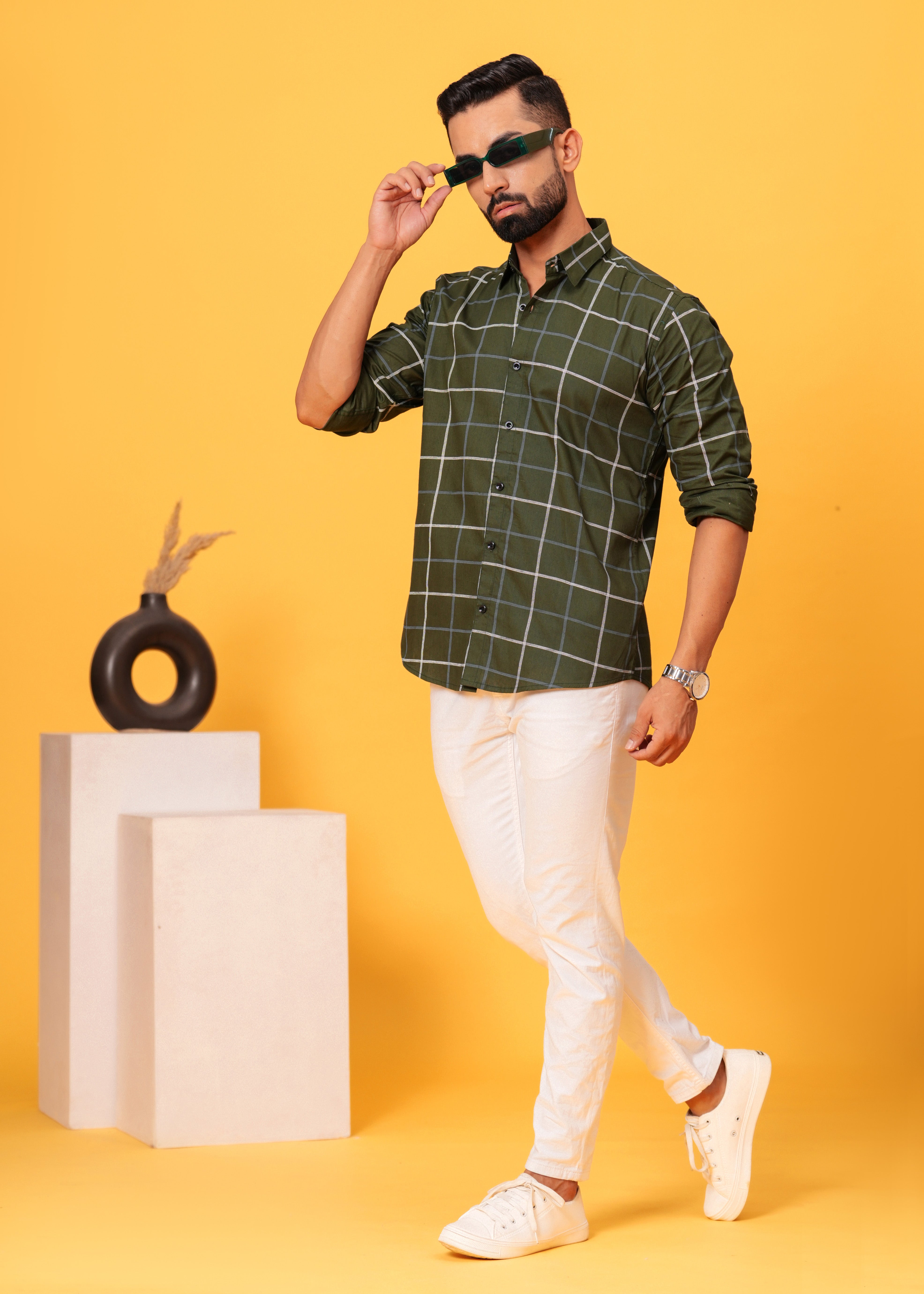 GREEN CHECKS COTTON SHIRT