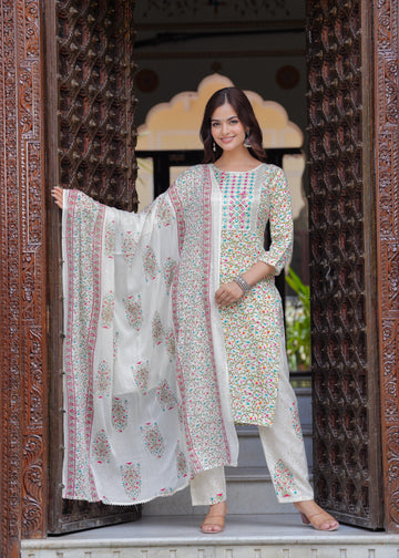 Beige Printed Rayon Kurta and Pant Set with Dupatta