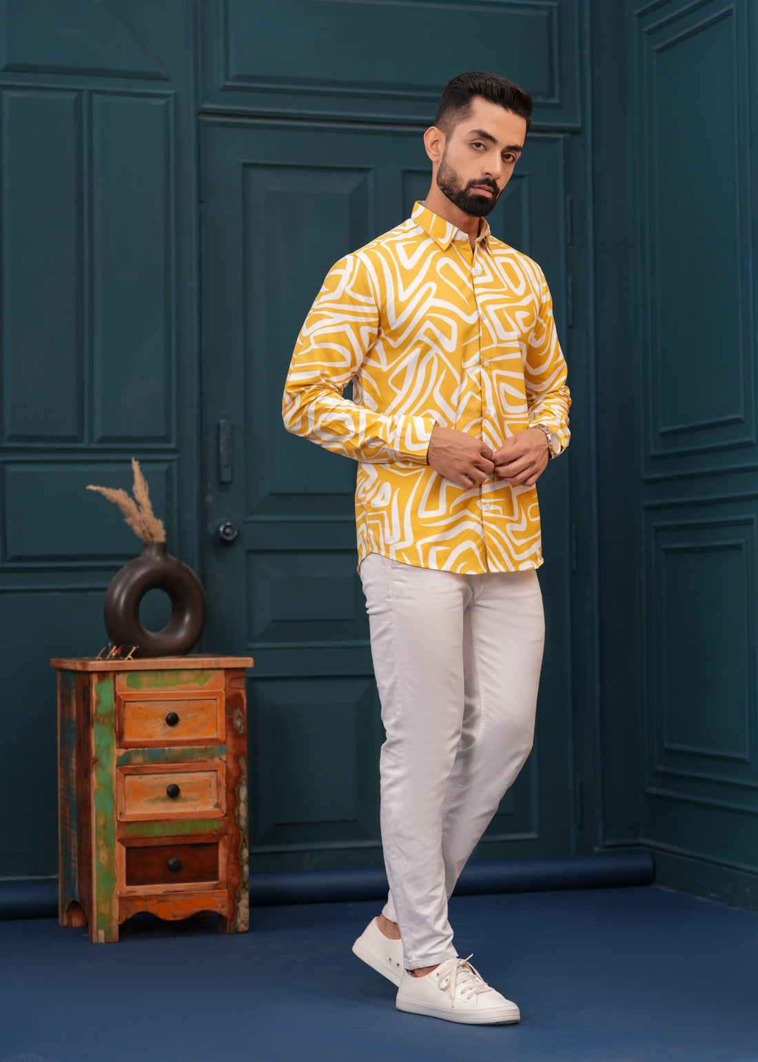 Yellow White Printed Cotton Shirt