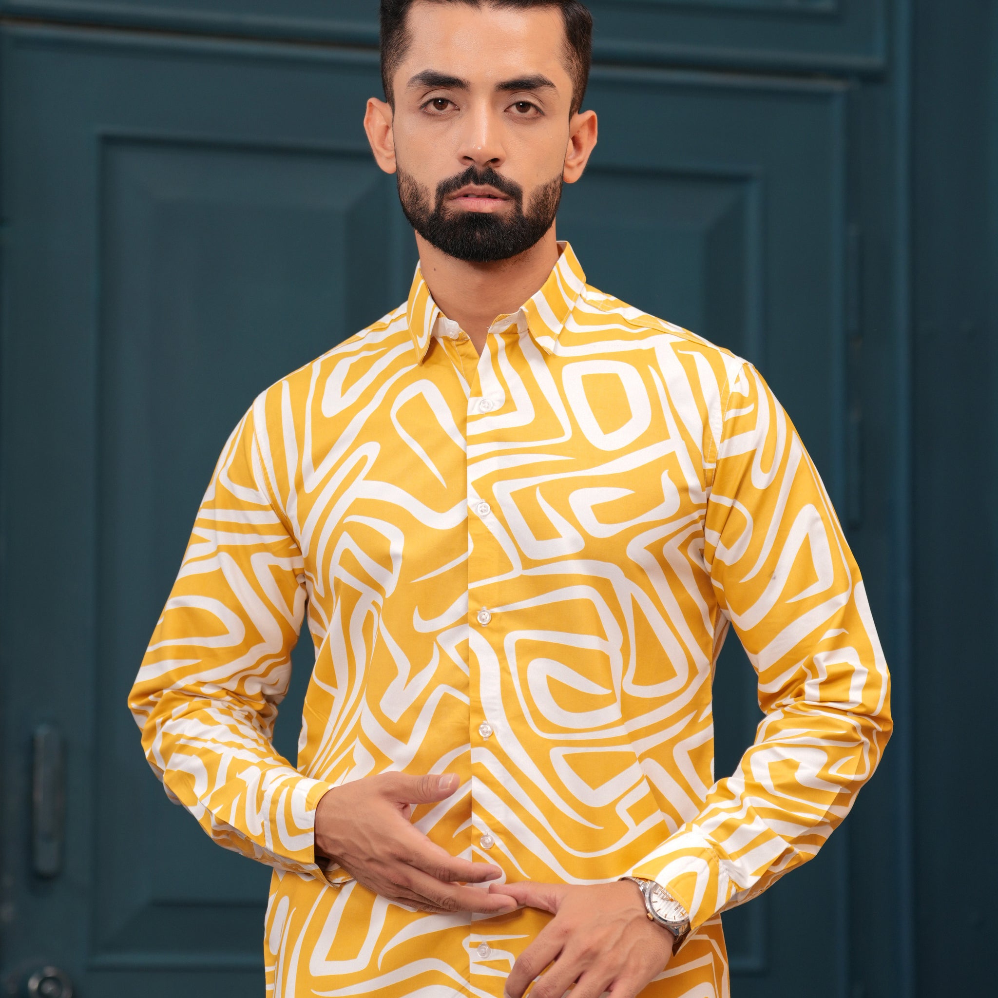 Yellow White Printed Cotton Shirt