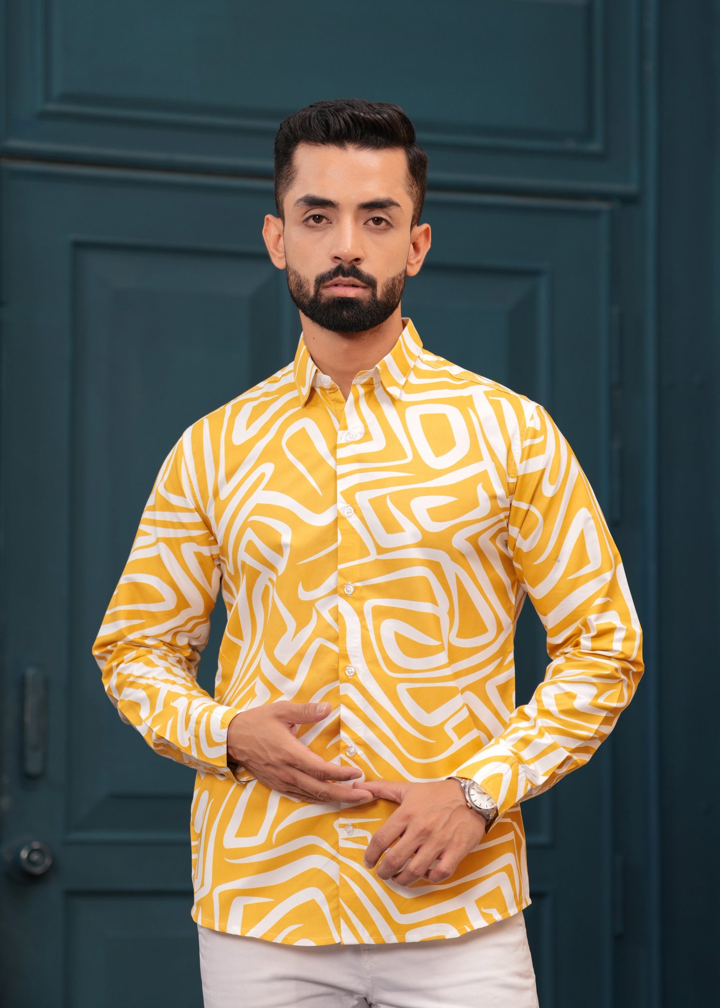Yellow White Printed Cotton Shirt
