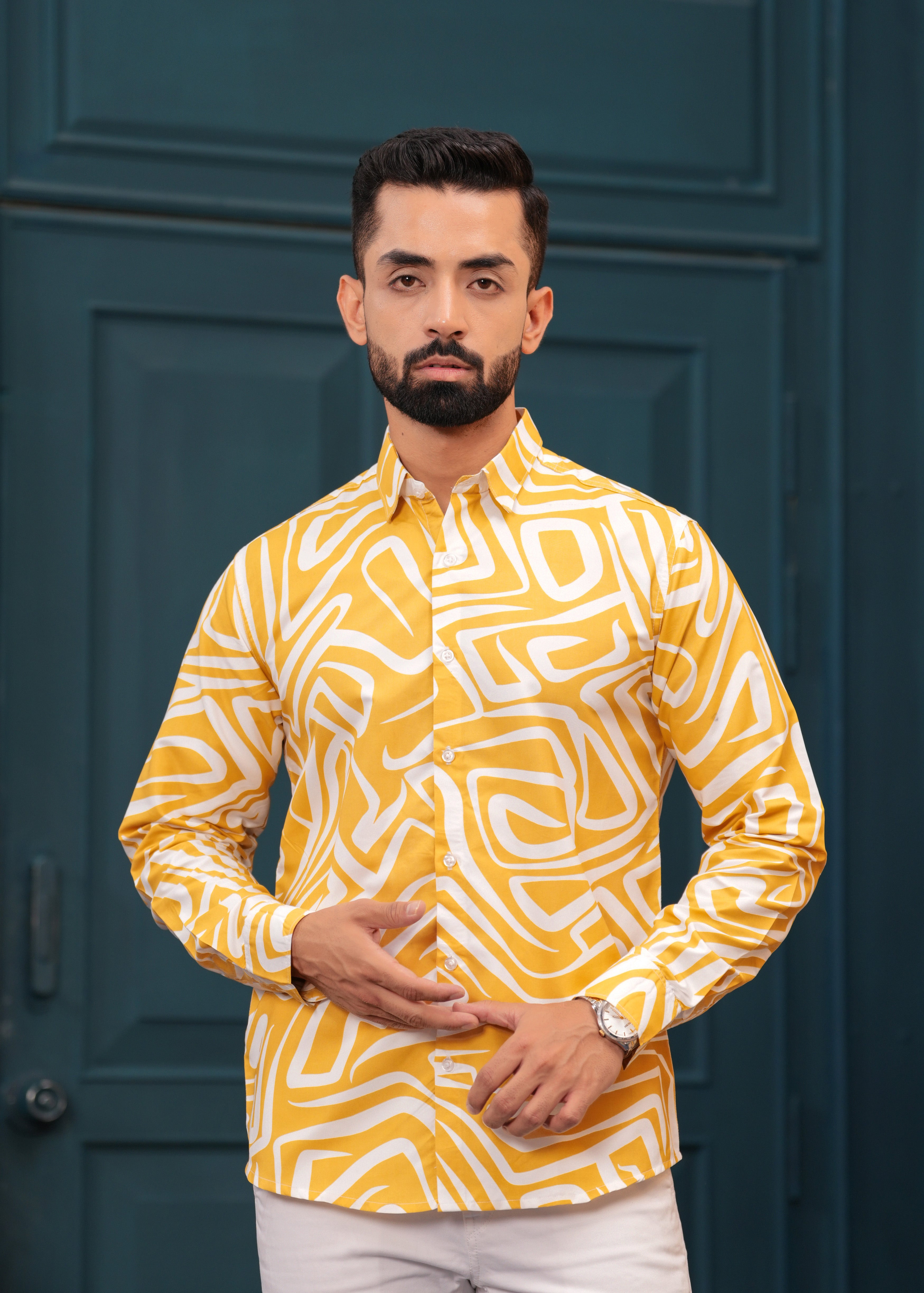Yellow White Printed Cotton Shirt