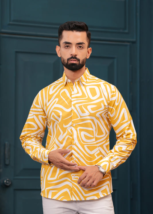 Yellow White Printed Cotton Shirt