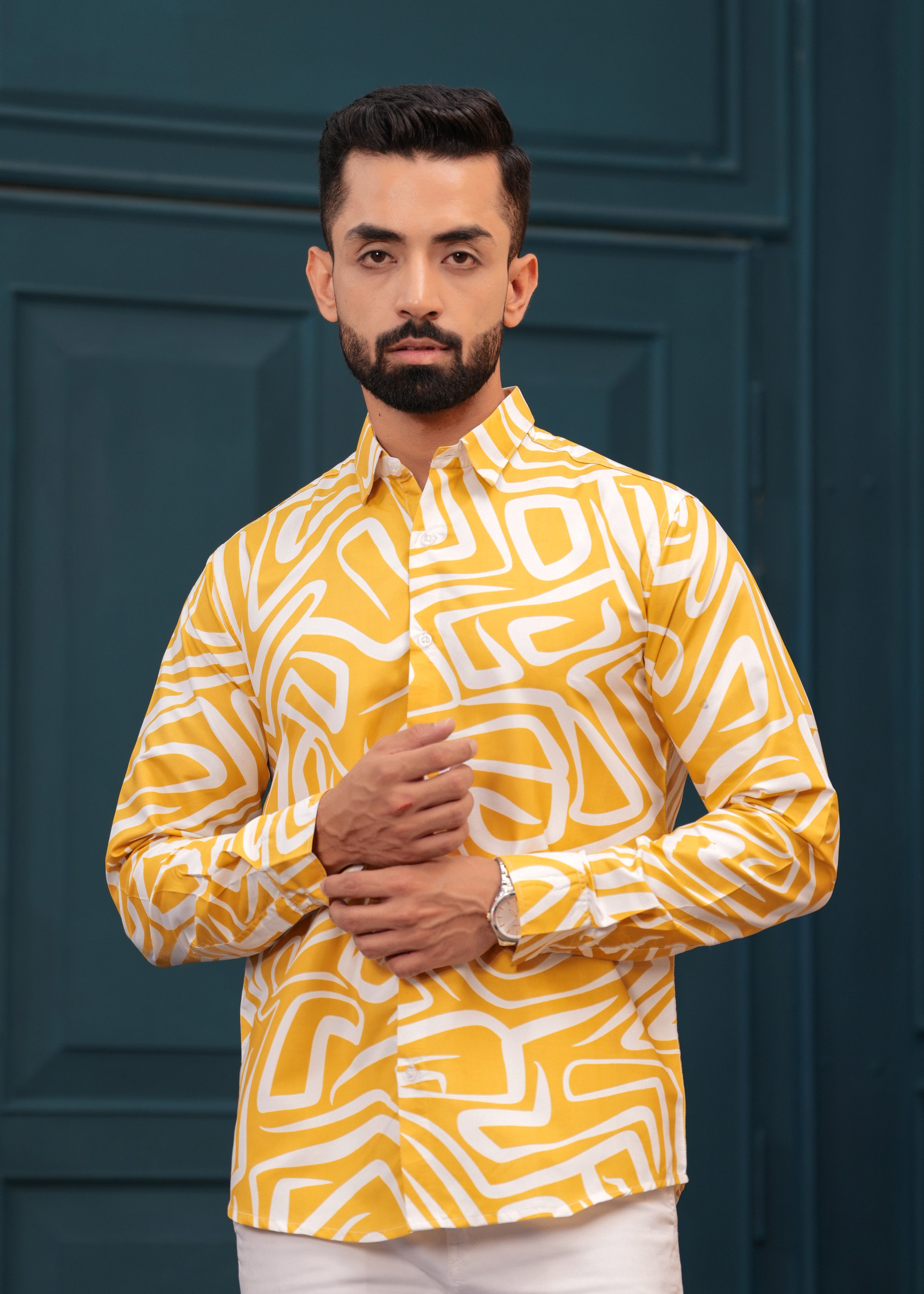 Yellow White Printed Cotton Shirt