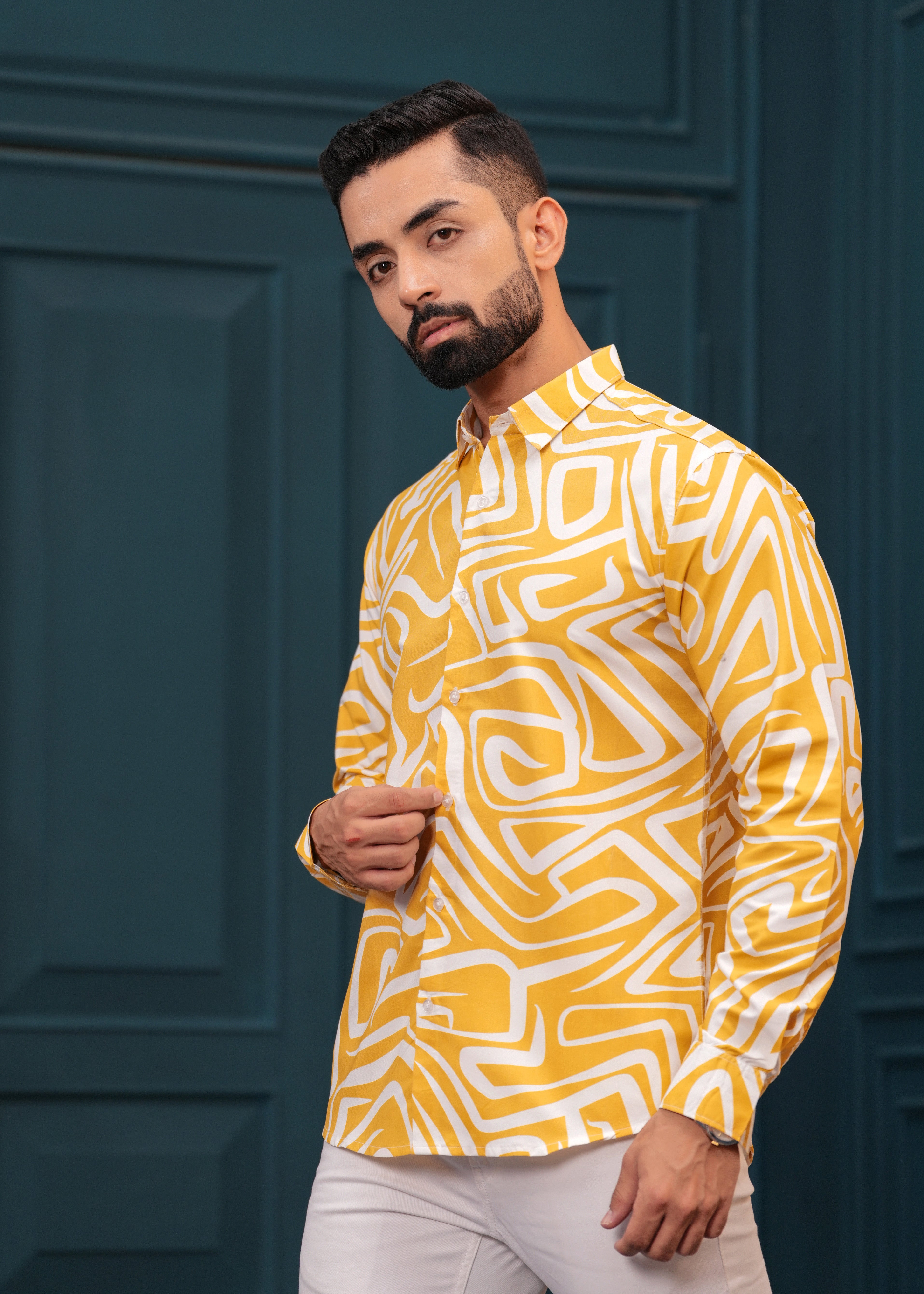 Yellow White Printed Cotton Shirt