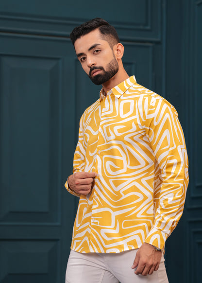 Yellow White Printed Cotton Shirt