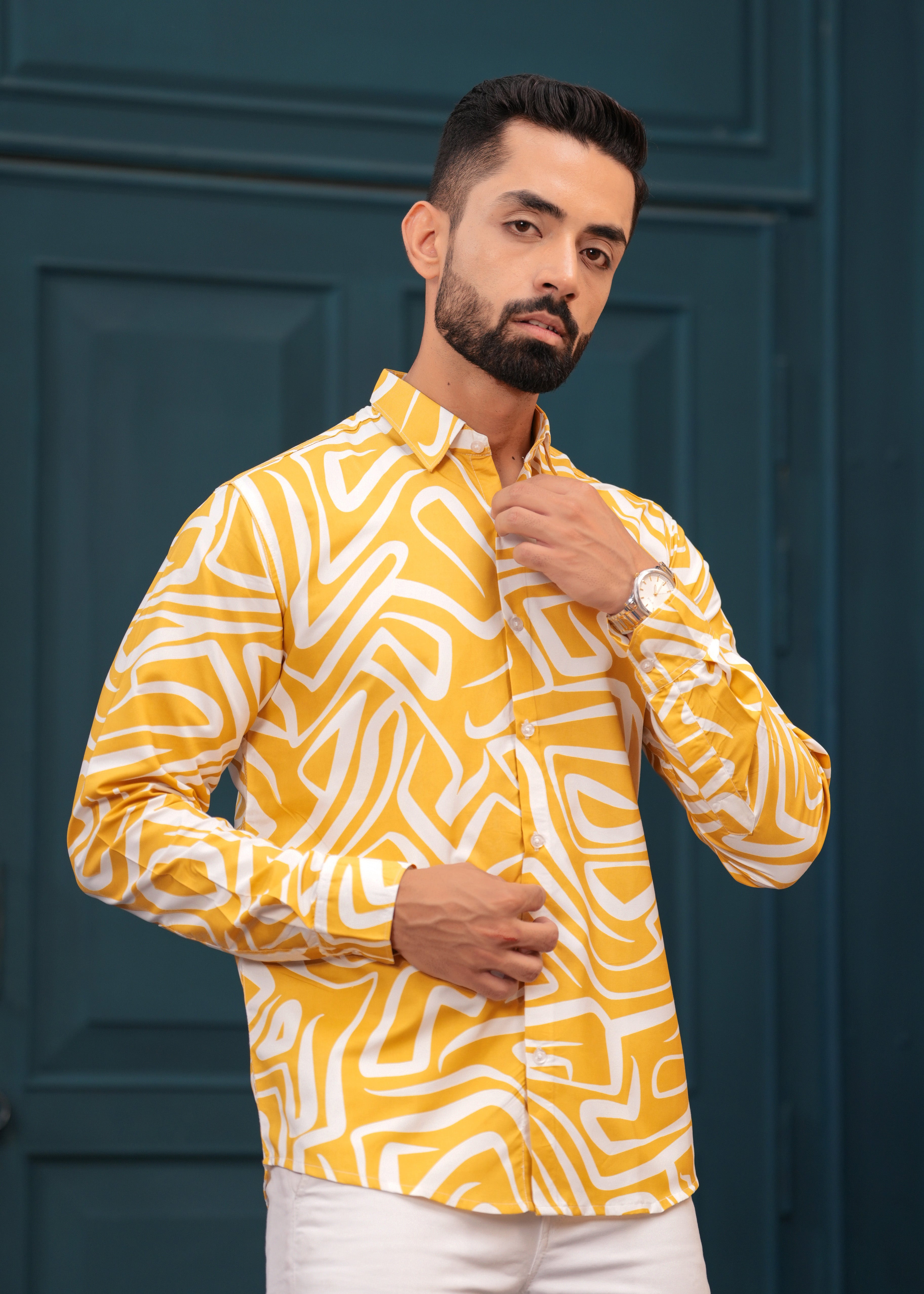 Yellow White Printed Cotton Shirt