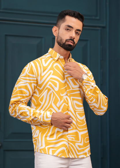 Yellow White Printed Cotton Shirt
