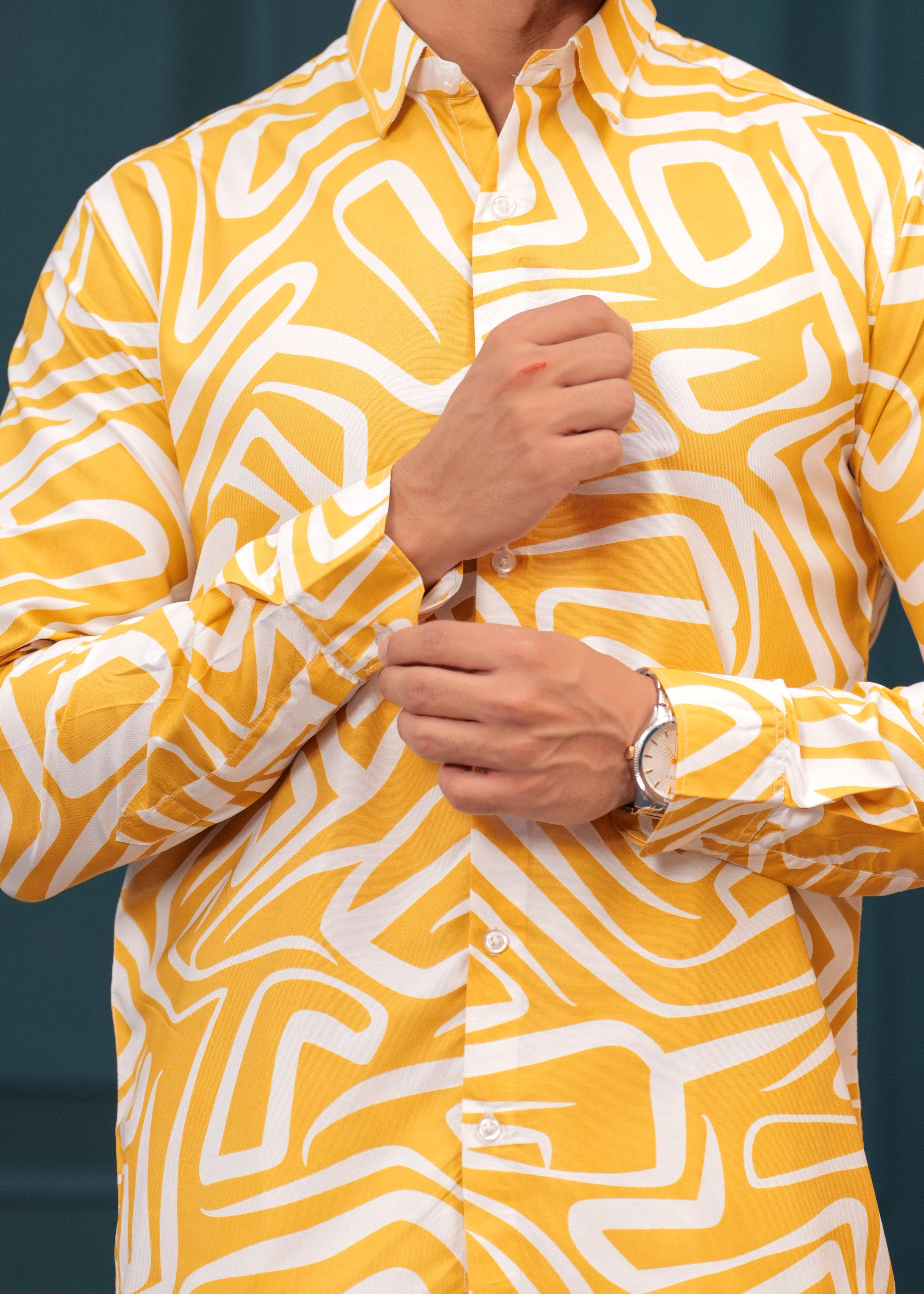 Yellow White Printed Cotton Shirt
