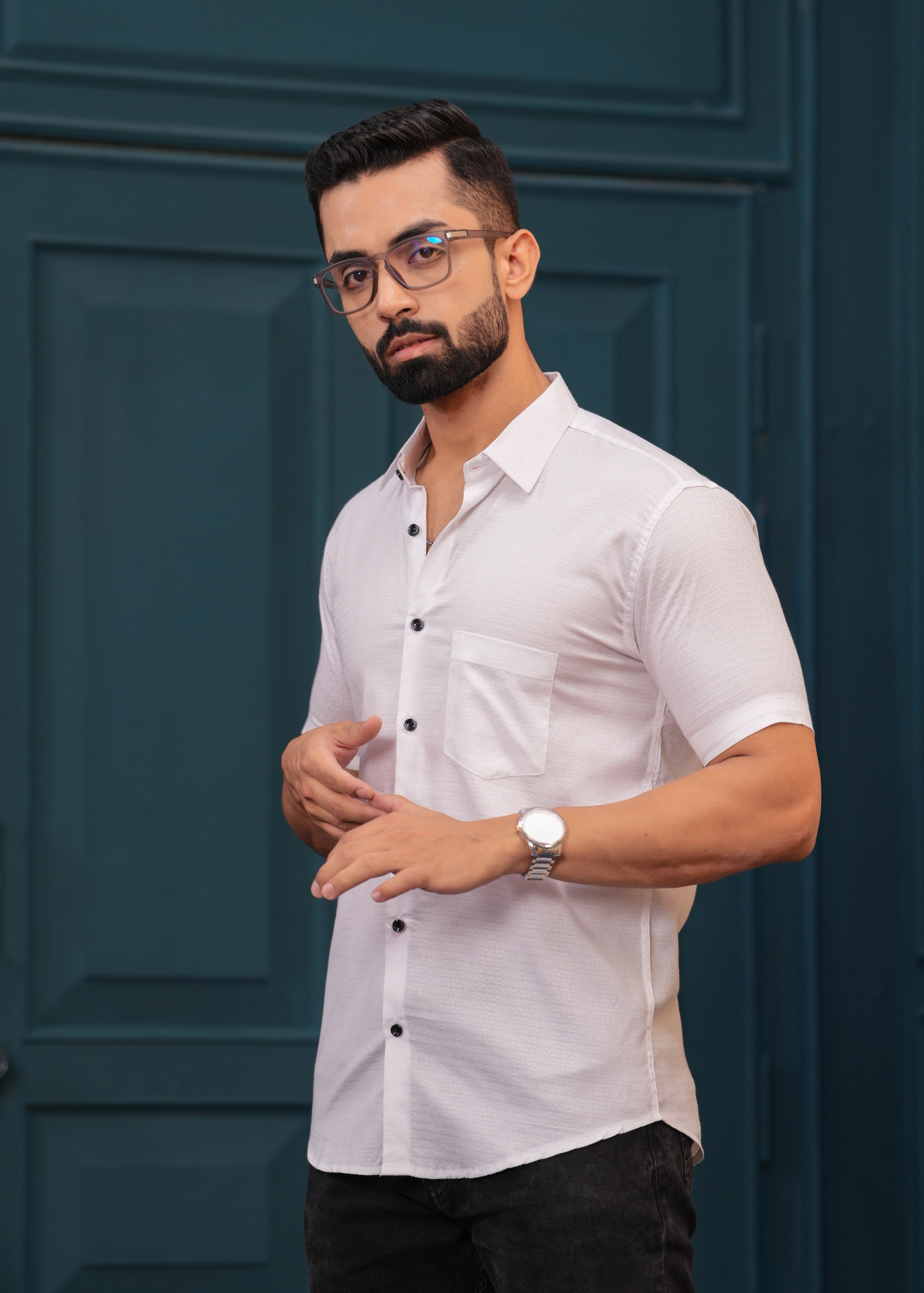White Textured Slim Fit Shirt