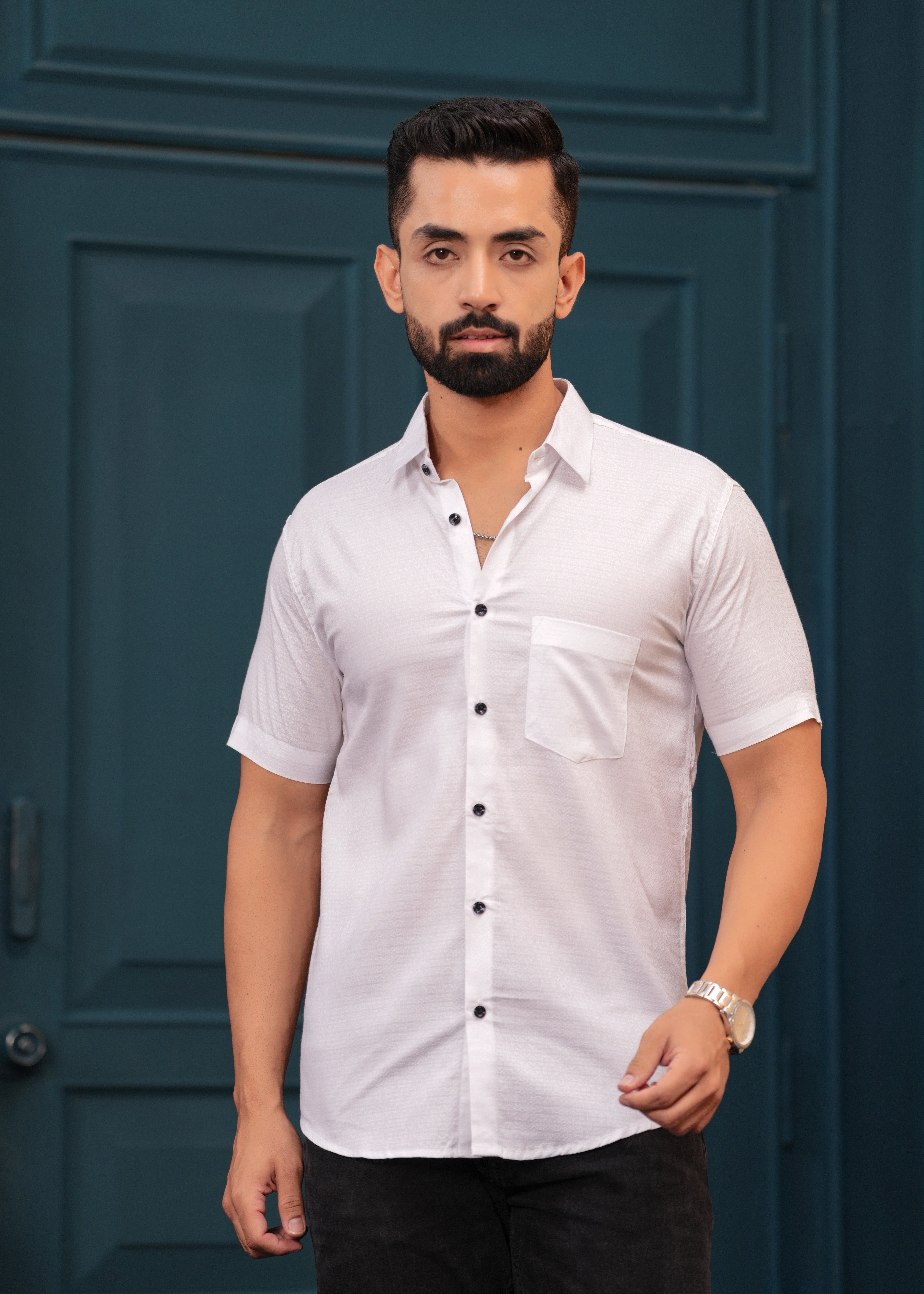 White Textured Slim Fit Shirt