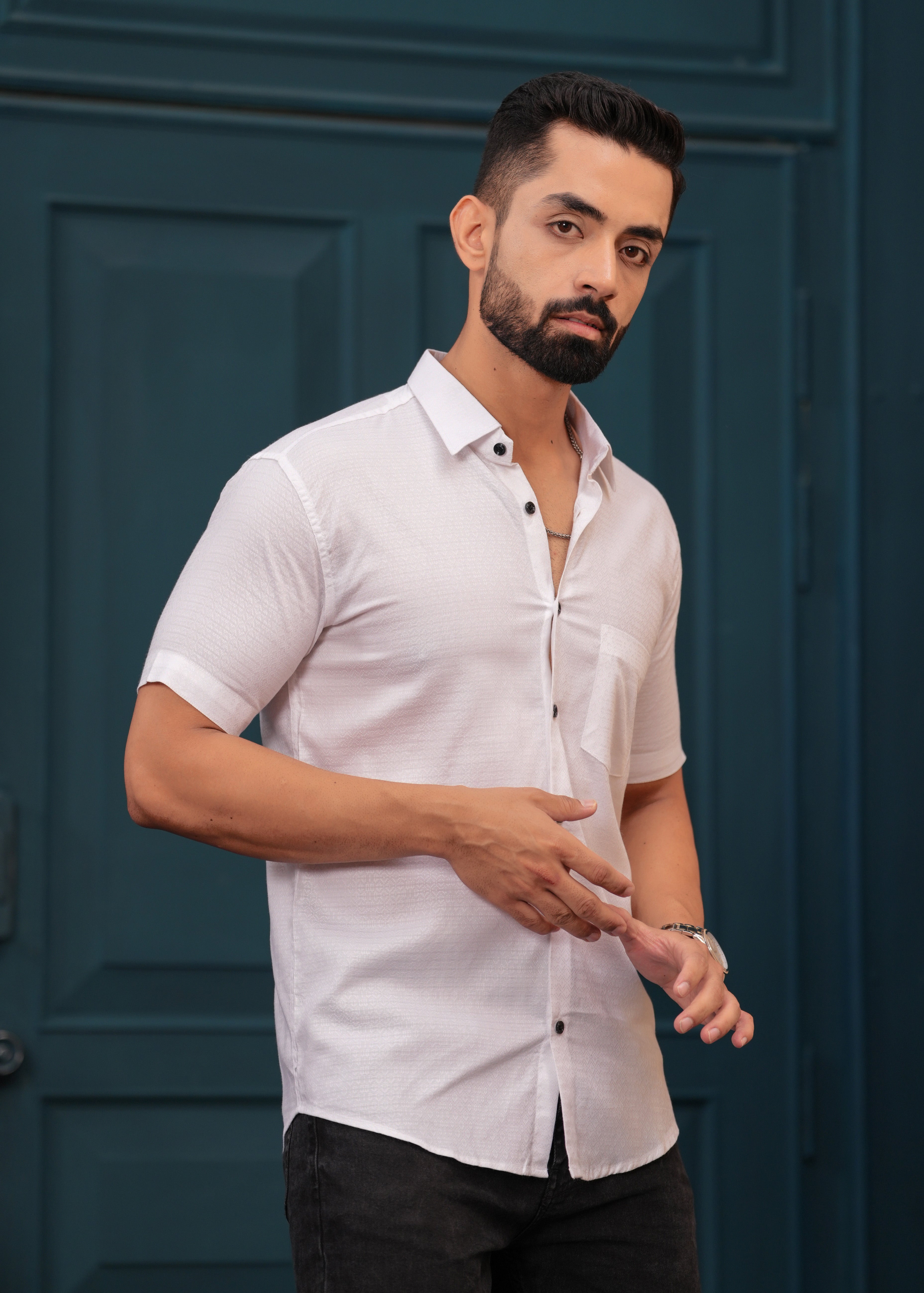 White Textured Slim Fit Shirt