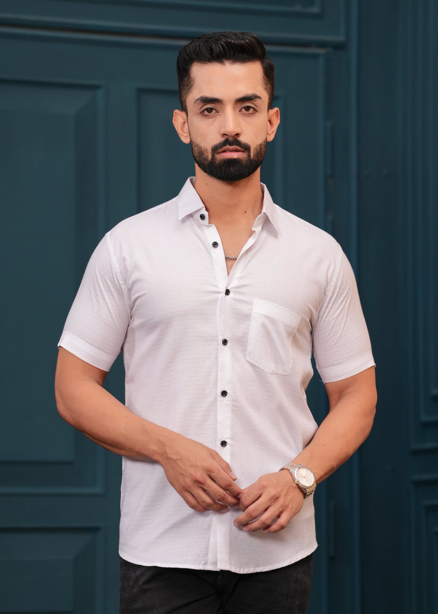 White Textured Slim Fit Shirt