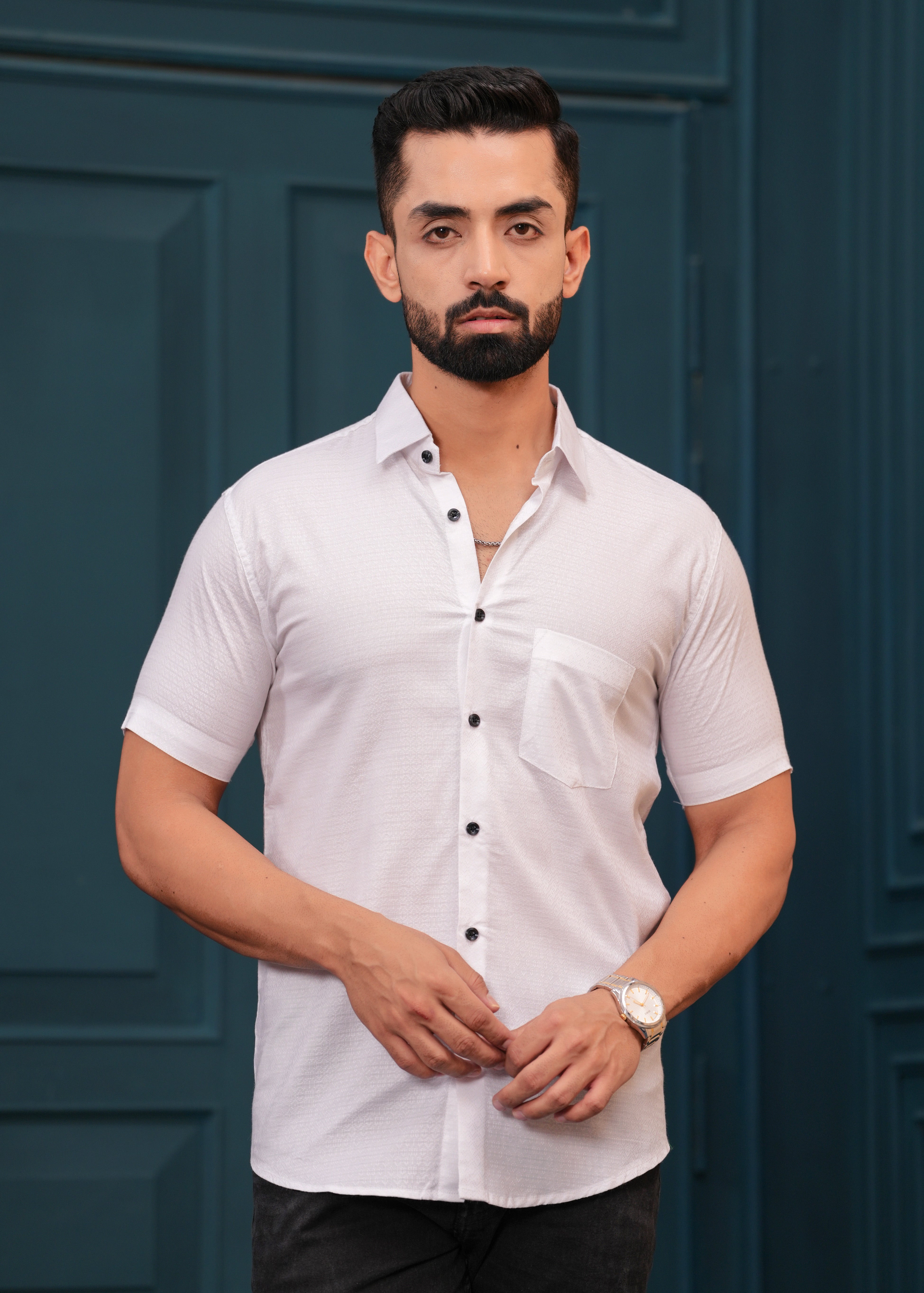 White Textured Slim Fit Shirt