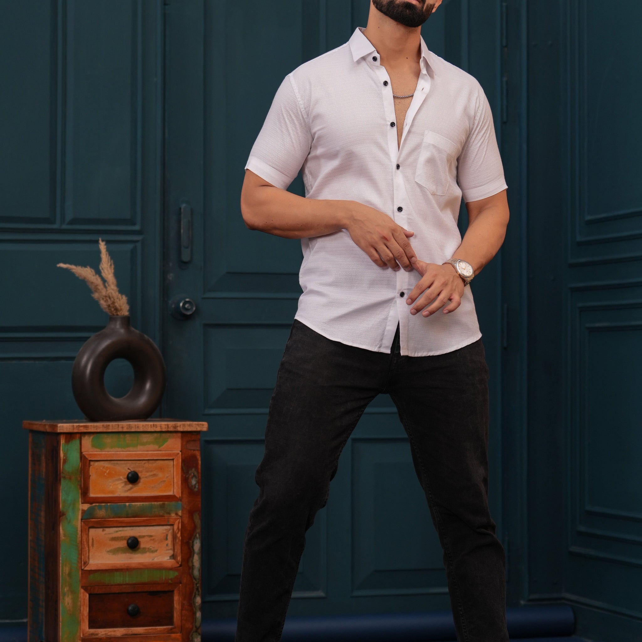 White Textured Slim Fit Shirt
