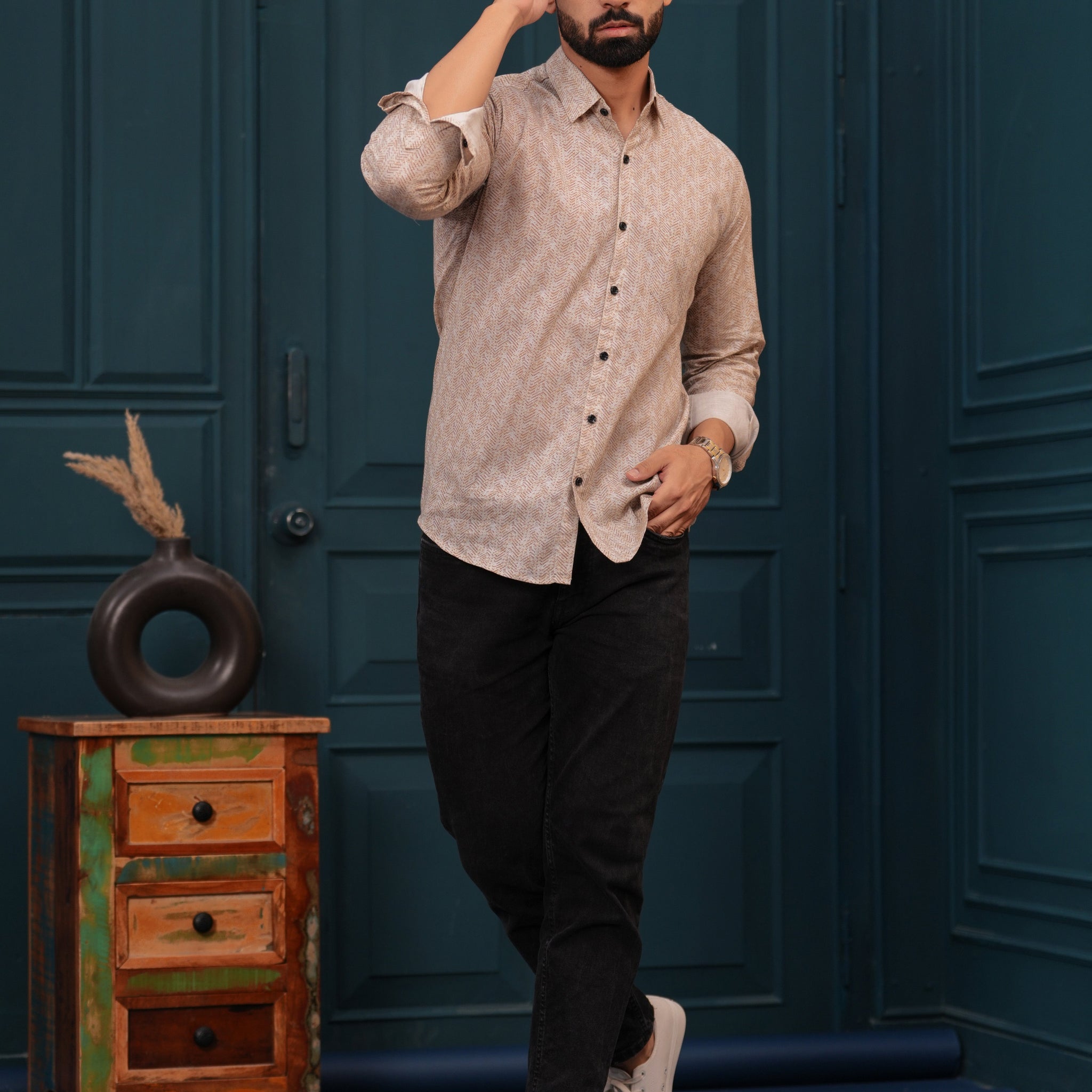 STYLISH BROWN LINE PRINTED SHIRT