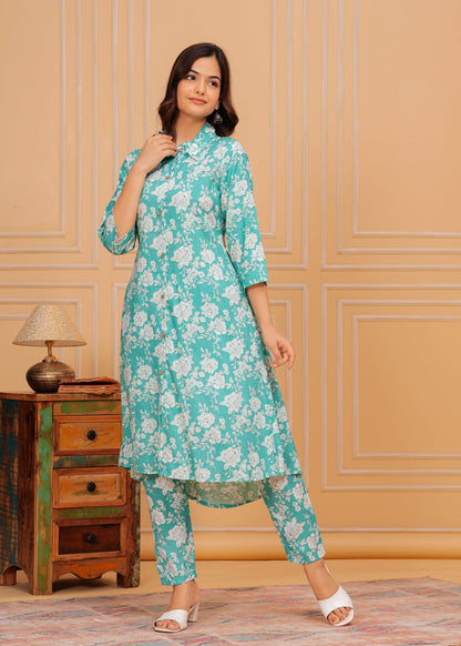 Downy White Floral Printed Rayon Co-Ord Set