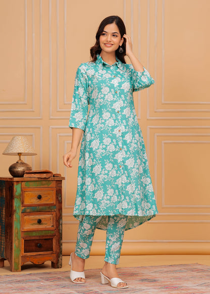 Downy White Floral Printed Rayon Co-Ord Set