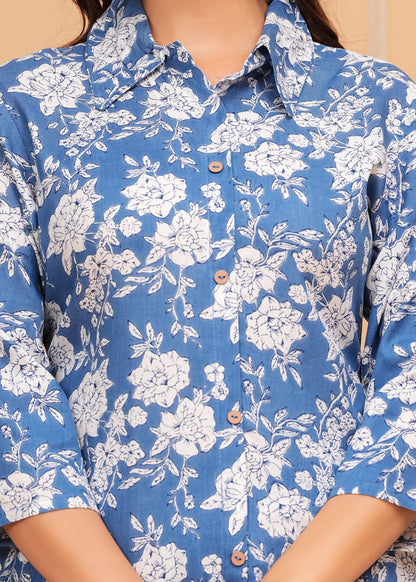 Blue White Floral Printed Rayon CO-Ord Set